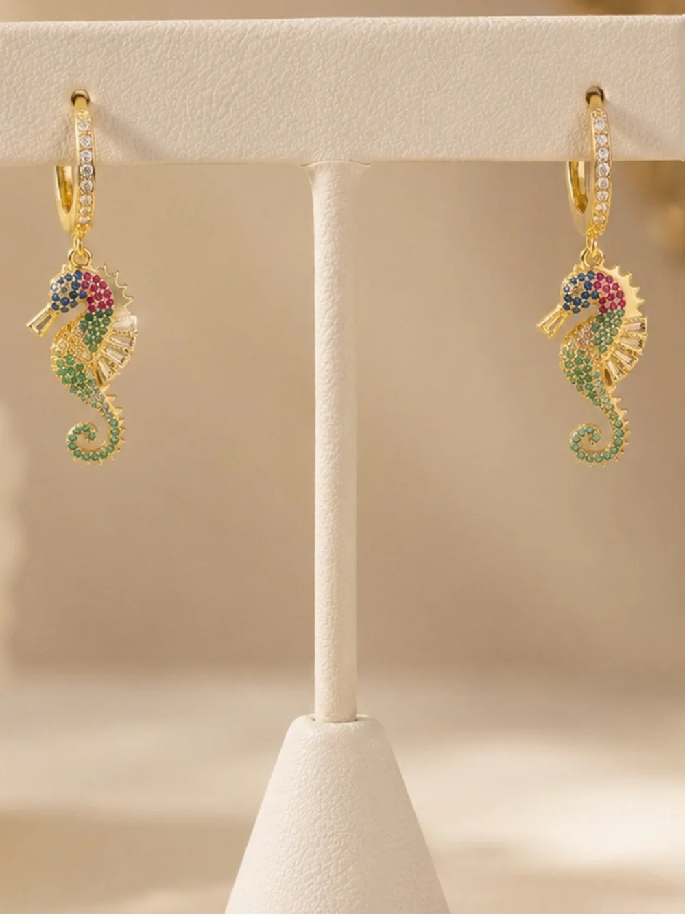 14k Multigem Seahorse Drop Hoop Earrings